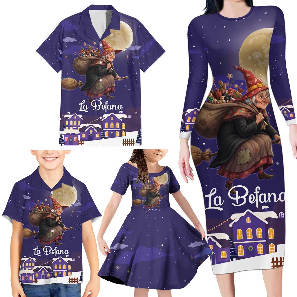 Italy Christmas Family Matching Long Sleeve Bodycon Dress and Hawaiian Shirt La Befana Flying Over Winter Night - Wonder Print Shop