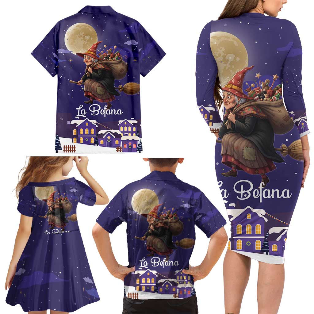 Italy Christmas Family Matching Long Sleeve Bodycon Dress and Hawaiian Shirt La Befana Flying Over Winter Night - Wonder Print Shop