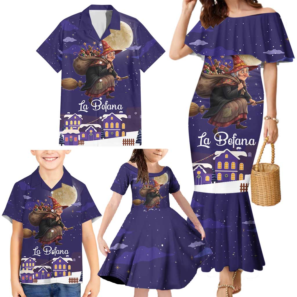 Italy Christmas Family Matching Mermaid Dress and Hawaiian Shirt La Befana Flying Over Winter Night - Wonder Print Shop