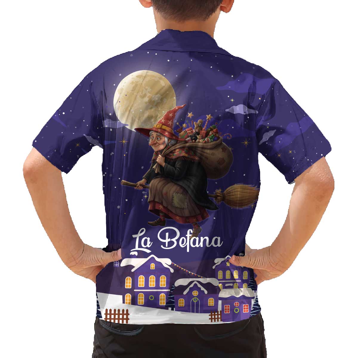 Italy Christmas Family Matching Off The Shoulder Long Sleeve Dress and Hawaiian Shirt La Befana Flying Over Winter Night - Wonder Print Shop