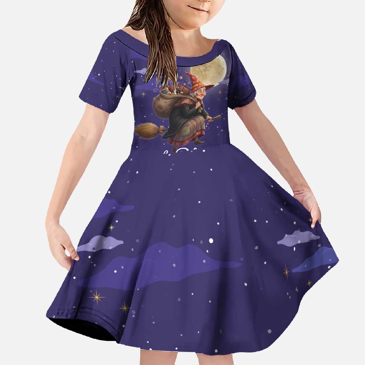 Italy Christmas Family Matching Off The Shoulder Long Sleeve Dress and Hawaiian Shirt La Befana Flying Over Winter Night - Wonder Print Shop