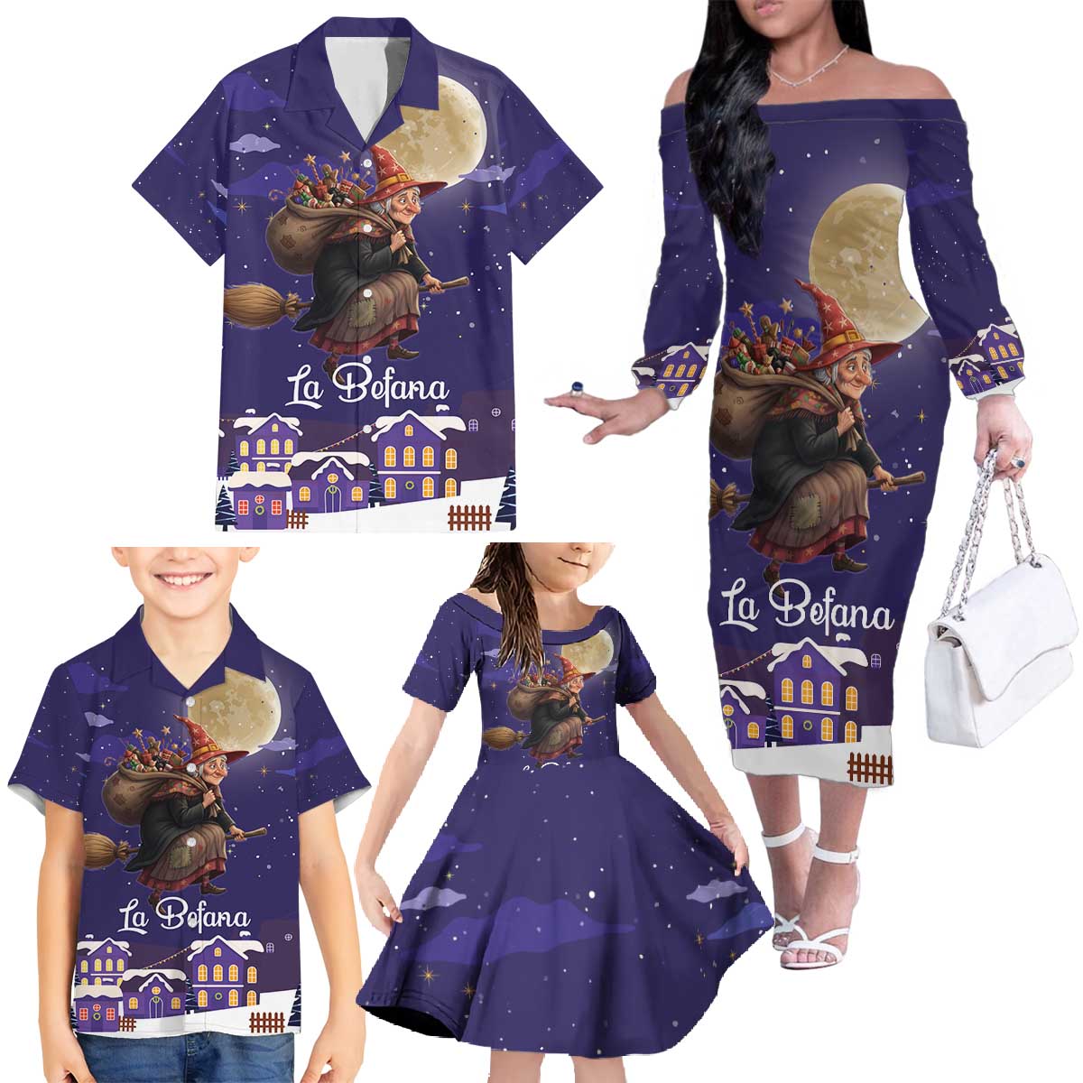 Italy Christmas Family Matching Off The Shoulder Long Sleeve Dress and Hawaiian Shirt La Befana Flying Over Winter Night - Wonder Print Shop
