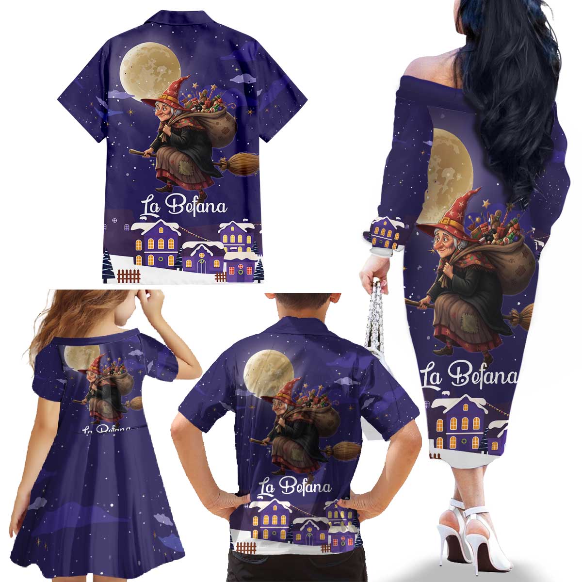 Italy Christmas Family Matching Off The Shoulder Long Sleeve Dress and Hawaiian Shirt La Befana Flying Over Winter Night - Wonder Print Shop