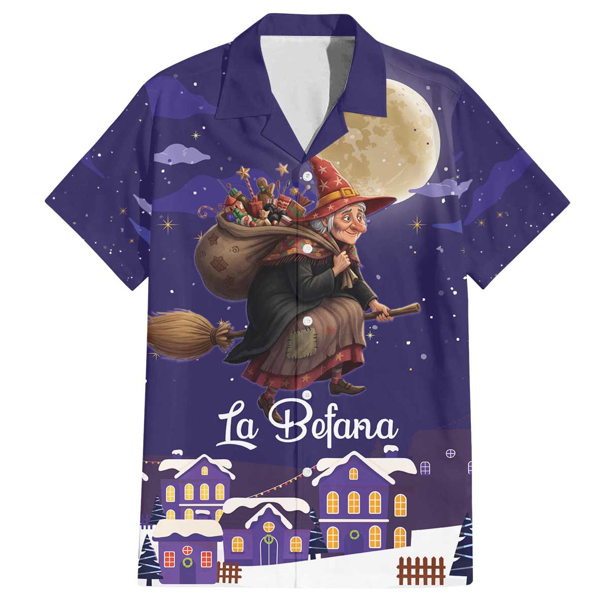 Italy Christmas Family Matching Off The Shoulder Long Sleeve Dress and Hawaiian Shirt La Befana Flying Over Winter Night - Wonder Print Shop