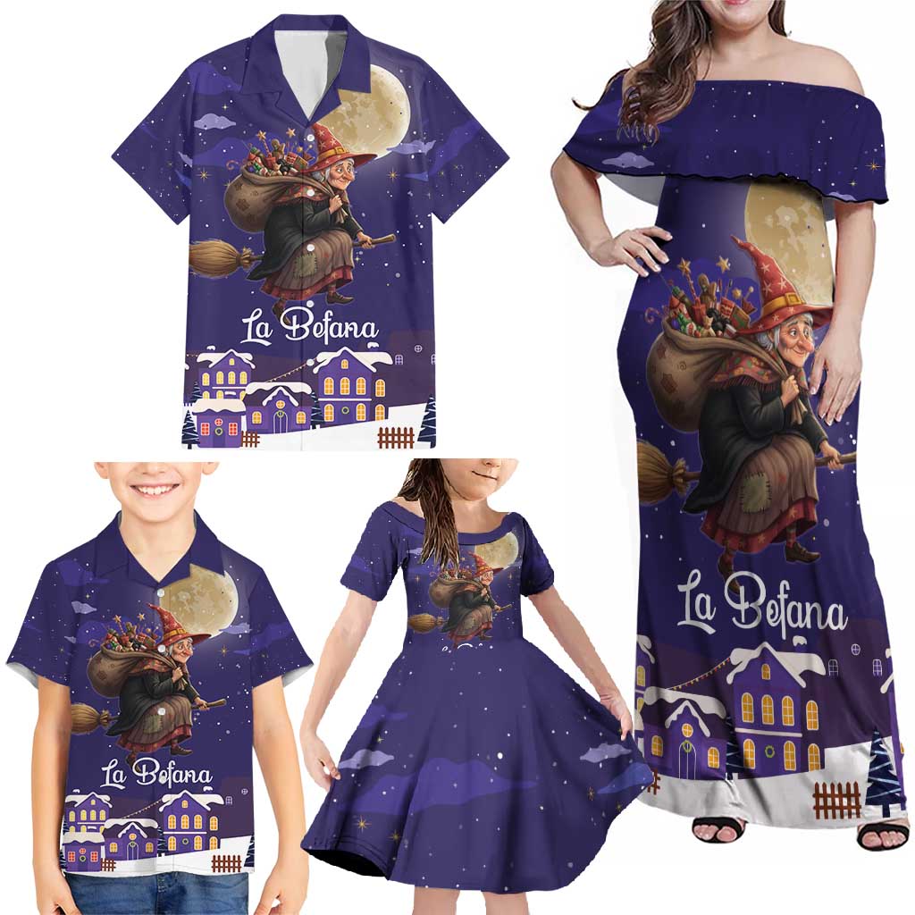 Italy Christmas Family Matching Off Shoulder Maxi Dress and Hawaiian Shirt La Befana Flying Over Winter Night - Wonder Print Shop