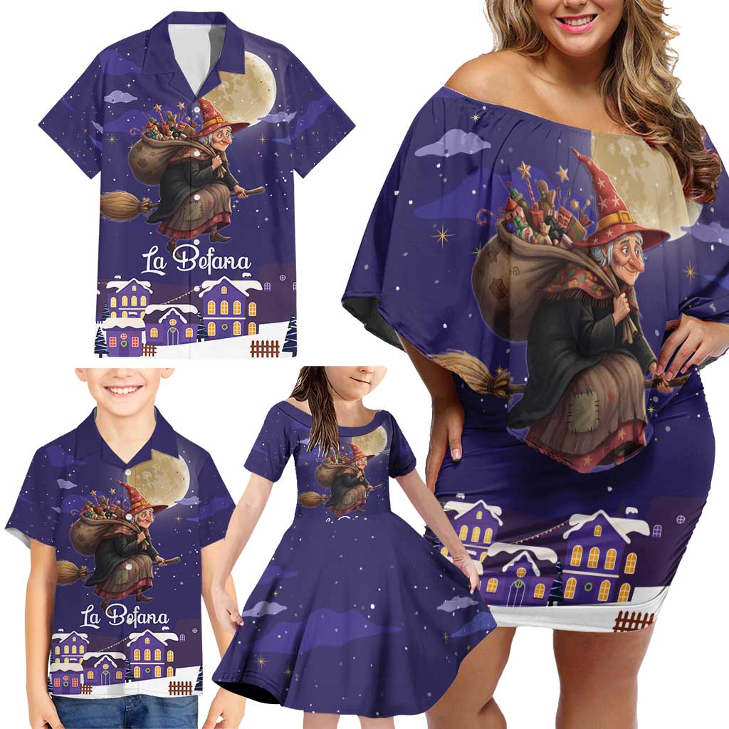 Italy Christmas Family Matching Off Shoulder Short Dress and Hawaiian Shirt La Befana Flying Over Winter Night - Wonder Print Shop