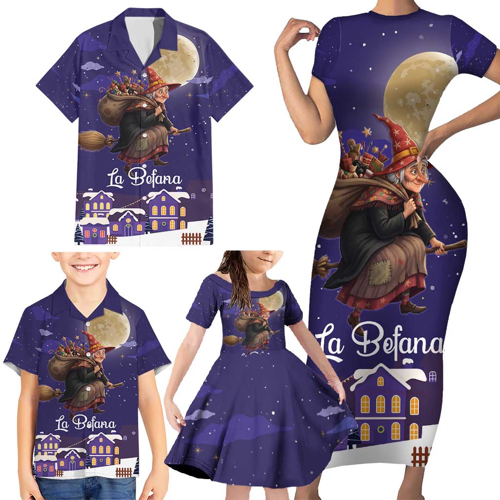 Italy Christmas Family Matching Short Sleeve Bodycon Dress and Hawaiian Shirt La Befana Flying Over Winter Night - Wonder Print Shop