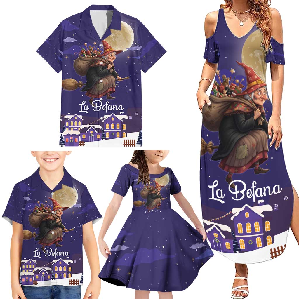 Italy Christmas Family Matching Summer Maxi Dress and Hawaiian Shirt La Befana Flying Over Winter Night - Wonder Print Shop