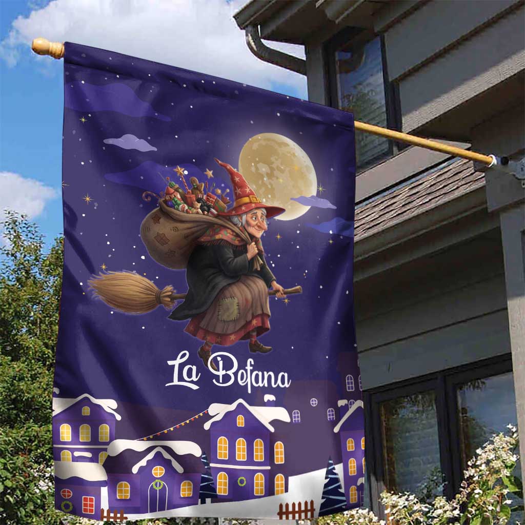 Italy Christmas Garden Flag La Befana Flying Over Winter Night - Wonder Print Shop