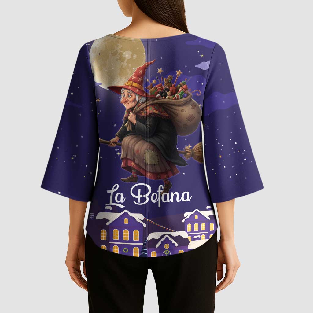 Italy Christmas Kimono Sleeve Blouse La Befana Flying Over Winter Night - Wonder Print Shop