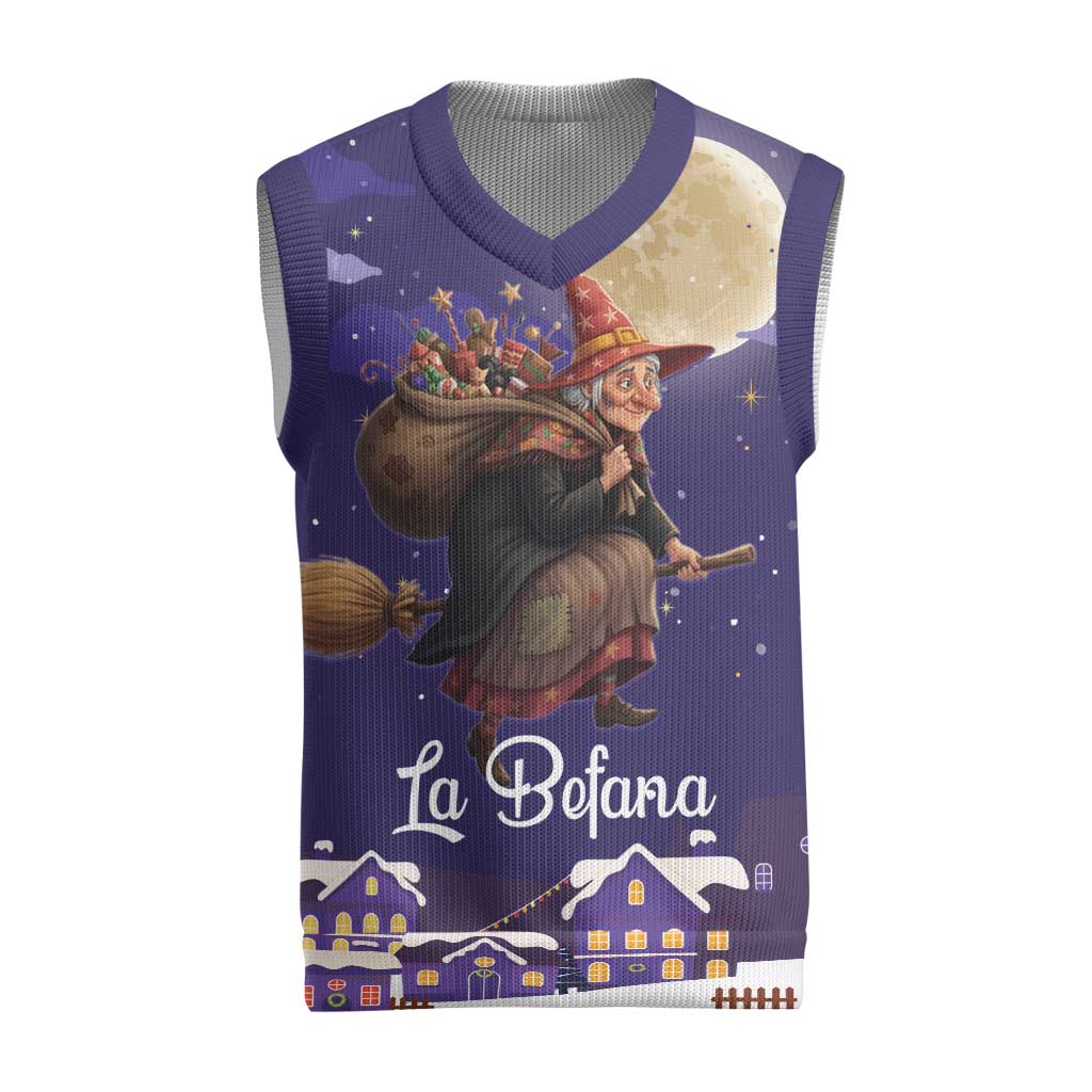 Italy Christmas Knitted V-Neck Vest La Befana Flying Over Winter Night - Wonder Print Shop
