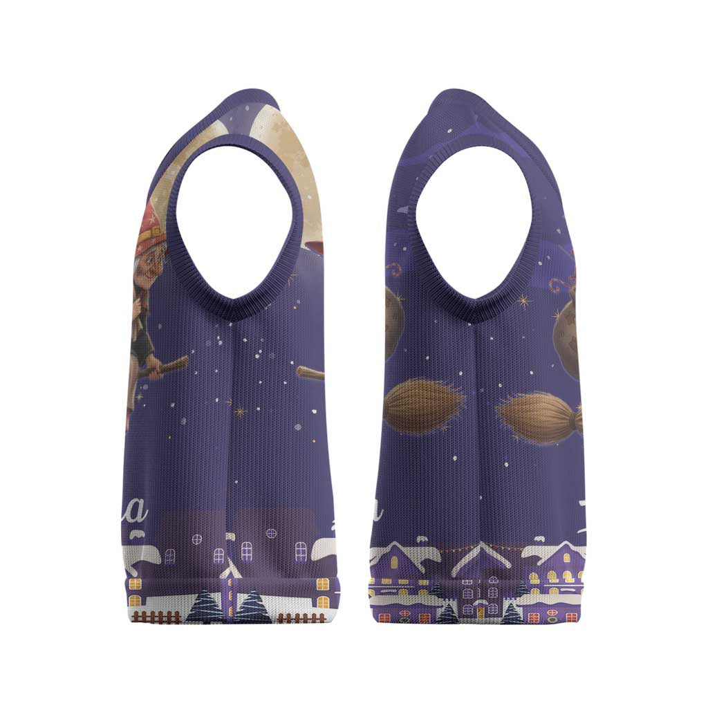 Italy Christmas Knitted V-Neck Vest La Befana Flying Over Winter Night - Wonder Print Shop