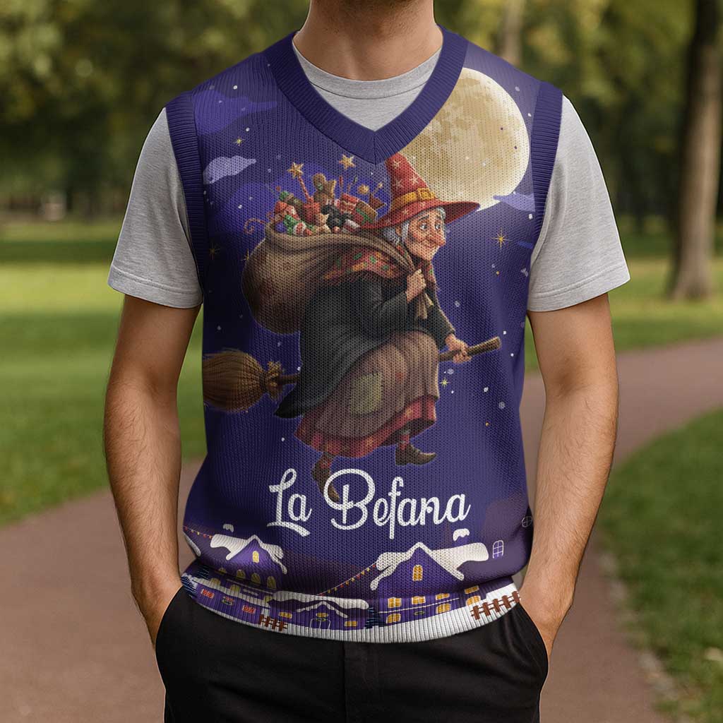 Italy Christmas Knitted V-Neck Vest La Befana Flying Over Winter Night - Wonder Print Shop