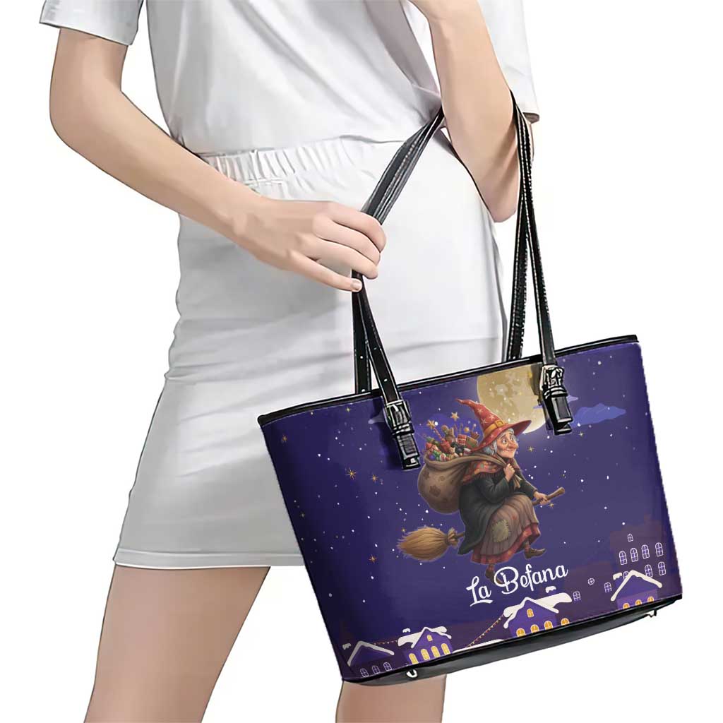 Italy Christmas Leather Tote Bag La Befana Flying Over Winter Night - Wonder Print Shop