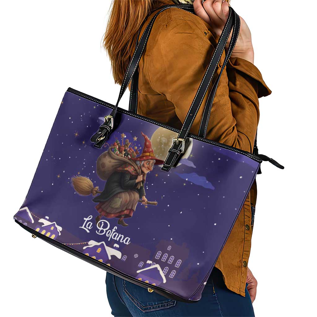 Italy Christmas Leather Tote Bag La Befana Flying Over Winter Night - Wonder Print Shop
