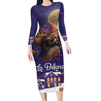 Italy Christmas Long Sleeve Bodycon Dress La Befana Flying Over Winter Night - Wonder Print Shop