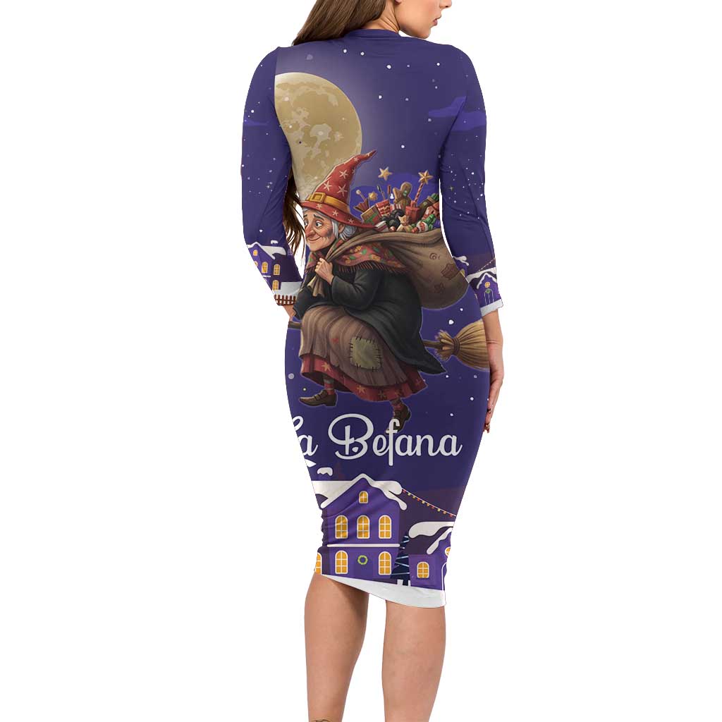 Italy Christmas Long Sleeve Bodycon Dress La Befana Flying Over Winter Night - Wonder Print Shop