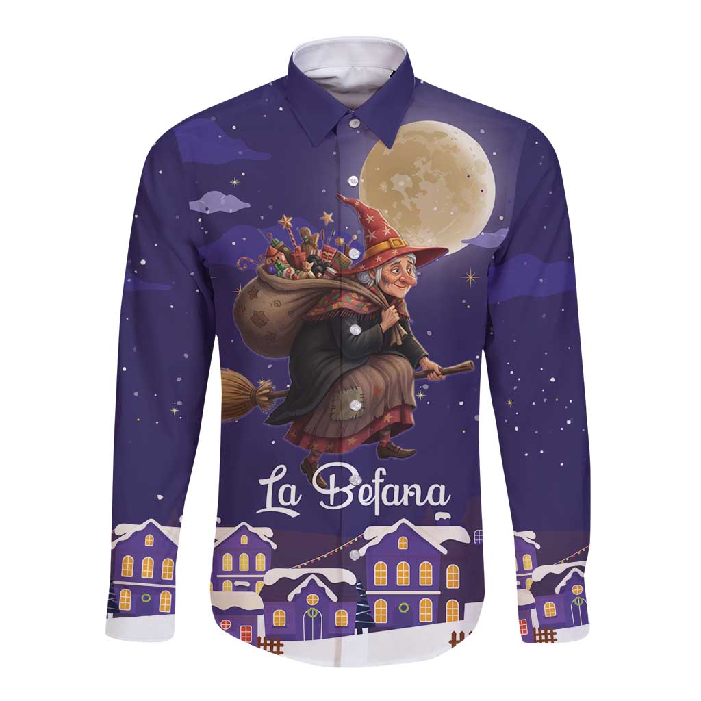 Italy Christmas Long Sleeve Button Shirt La Befana Flying Over Winter Night - Wonder Print Shop