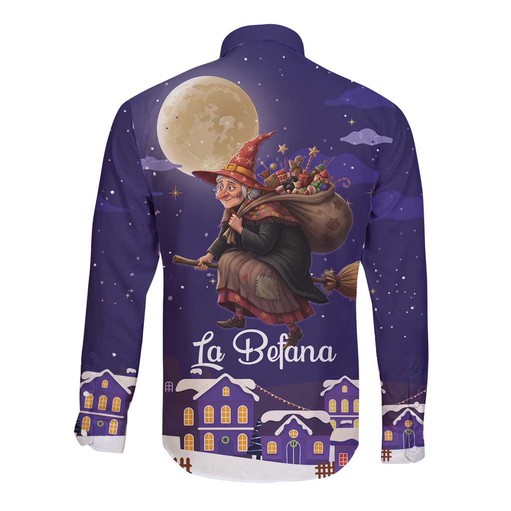 Italy Christmas Long Sleeve Button Shirt La Befana Flying Over Winter Night - Wonder Print Shop