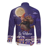 Italy Christmas Long Sleeve Button Shirt La Befana Flying Over Winter Night - Wonder Print Shop