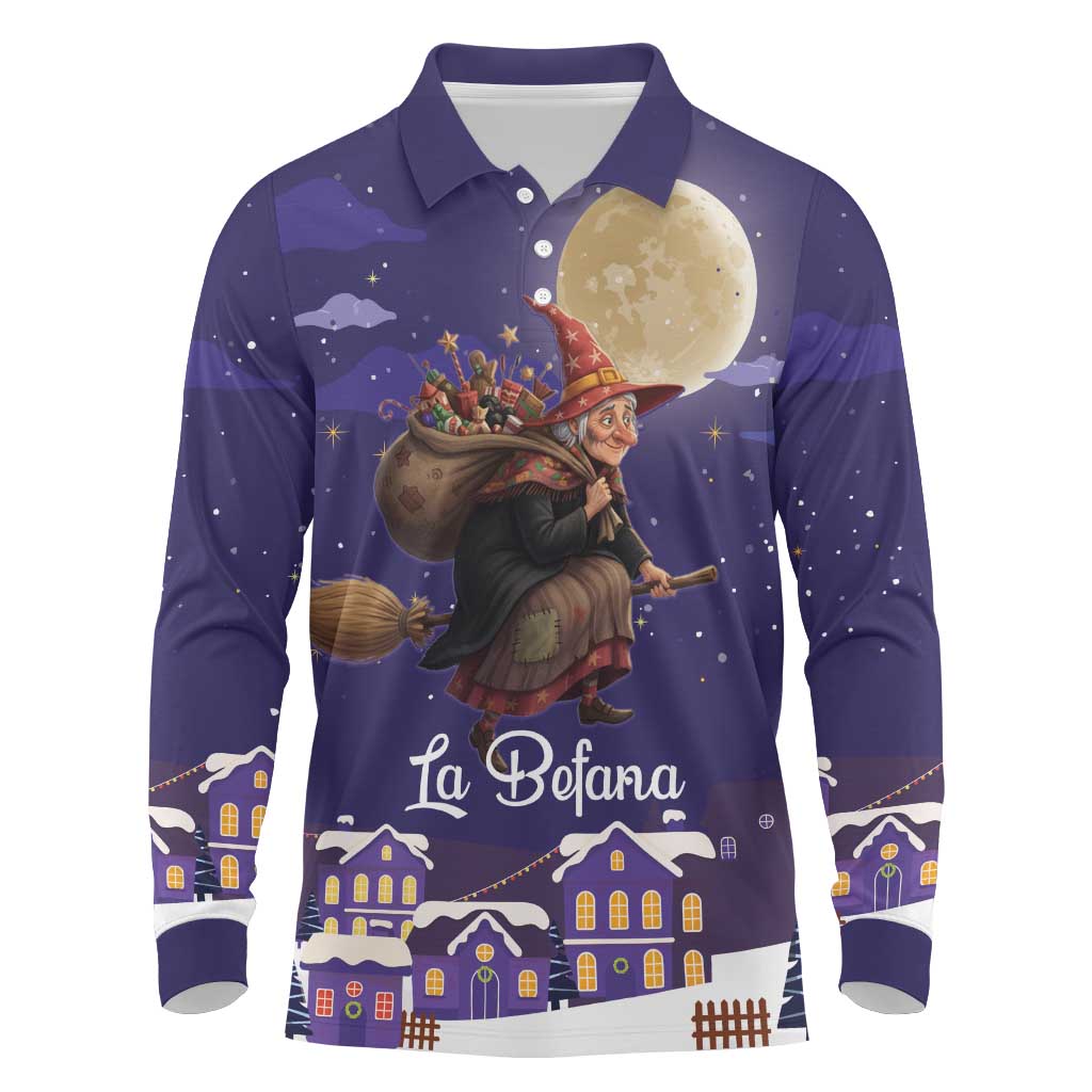 Italy Christmas Long Sleeve Polo Shirt La Befana Flying Over Winter Night - Wonder Print Shop
