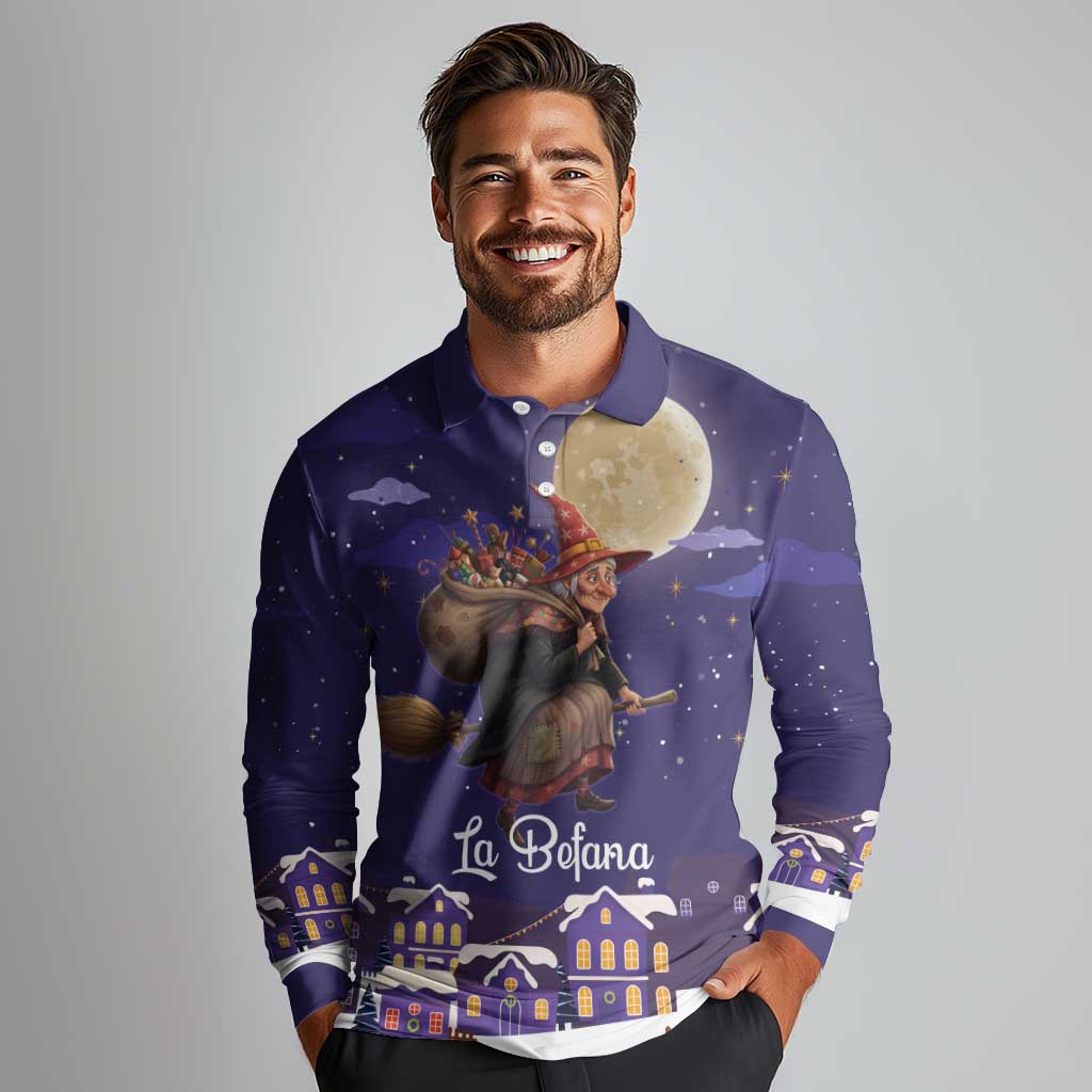 Italy Christmas Long Sleeve Polo Shirt La Befana Flying Over Winter Night - Wonder Print Shop