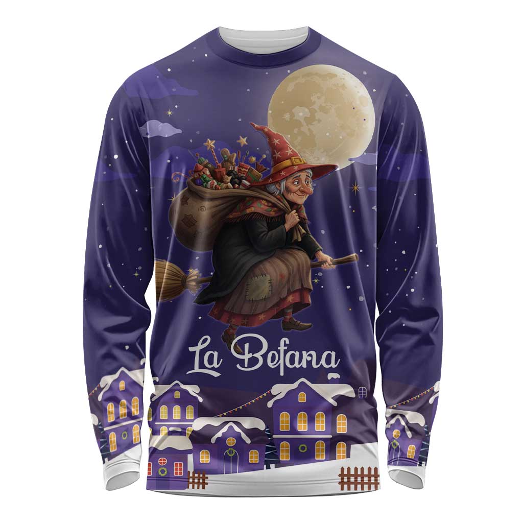 Italy Christmas Long Sleeve Shirt La Befana Flying Over Winter Night - Wonder Print Shop