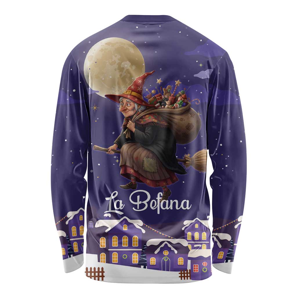 Italy Christmas Long Sleeve Shirt La Befana Flying Over Winter Night - Wonder Print Shop