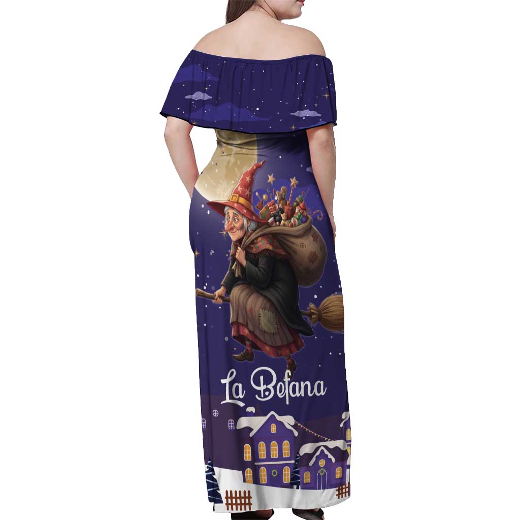 Italy Christmas Off Shoulder Maxi Dress La Befana Flying Over Winter Night - Wonder Print Shop