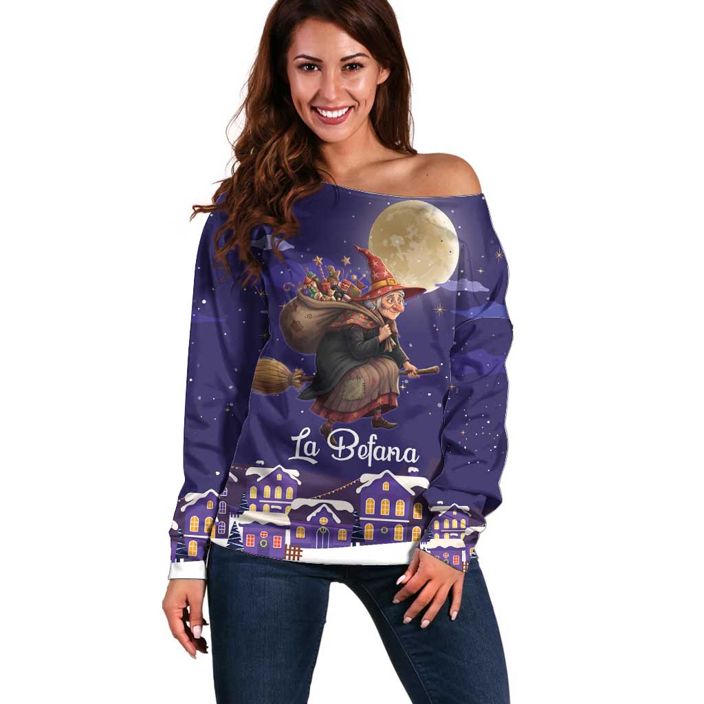 Italy Christmas Off Shoulder Sweater La Befana Flying Over Winter Night - Wonder Print Shop