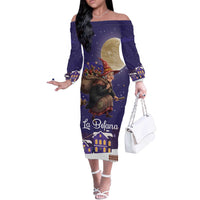 Italy Christmas Off The Shoulder Long Sleeve Dress La Befana Flying Over Winter Night - Wonder Print Shop
