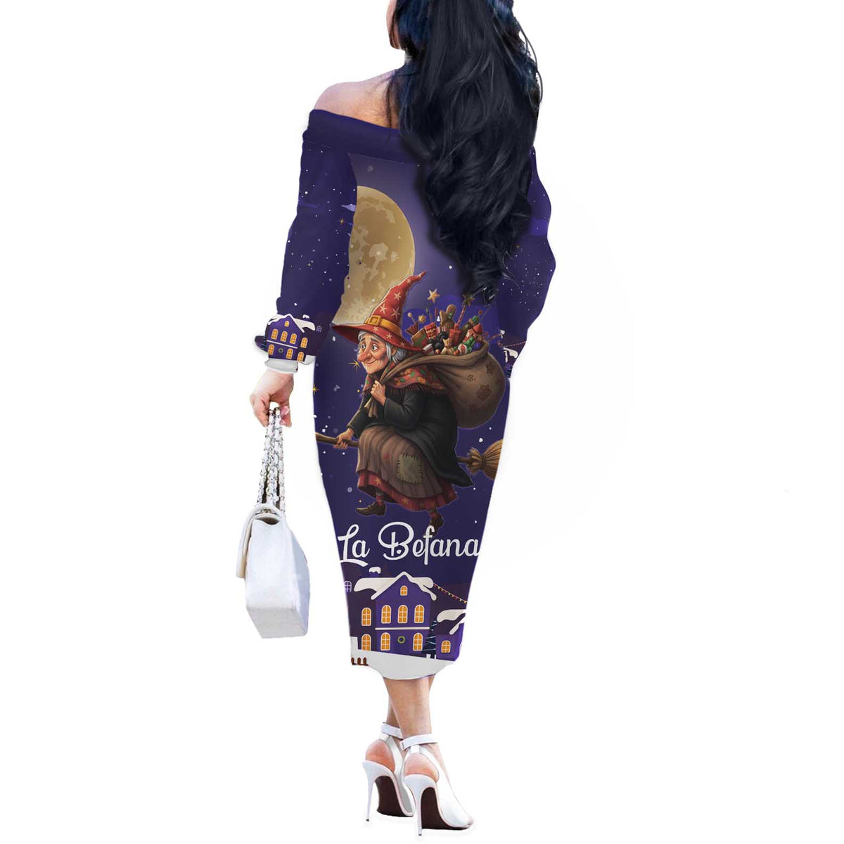 Italy Christmas Off The Shoulder Long Sleeve Dress La Befana Flying Over Winter Night - Wonder Print Shop