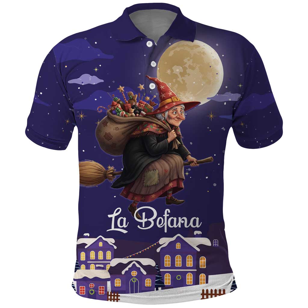 Italy Christmas Polo Shirt La Befana Flying Over Winter Night - Wonder Print Shop