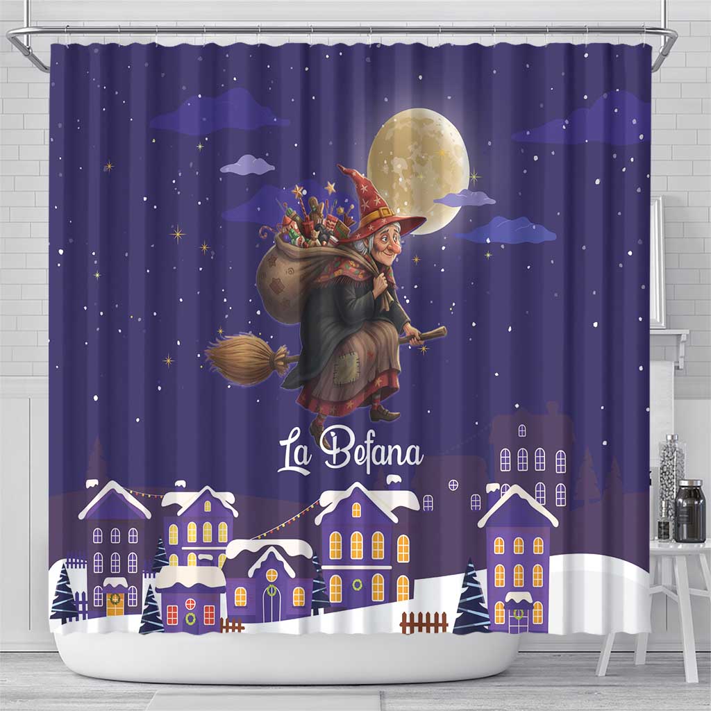 Italy Christmas Shower Curtain La Befana Flying Over Winter Night - Wonder Print Shop
