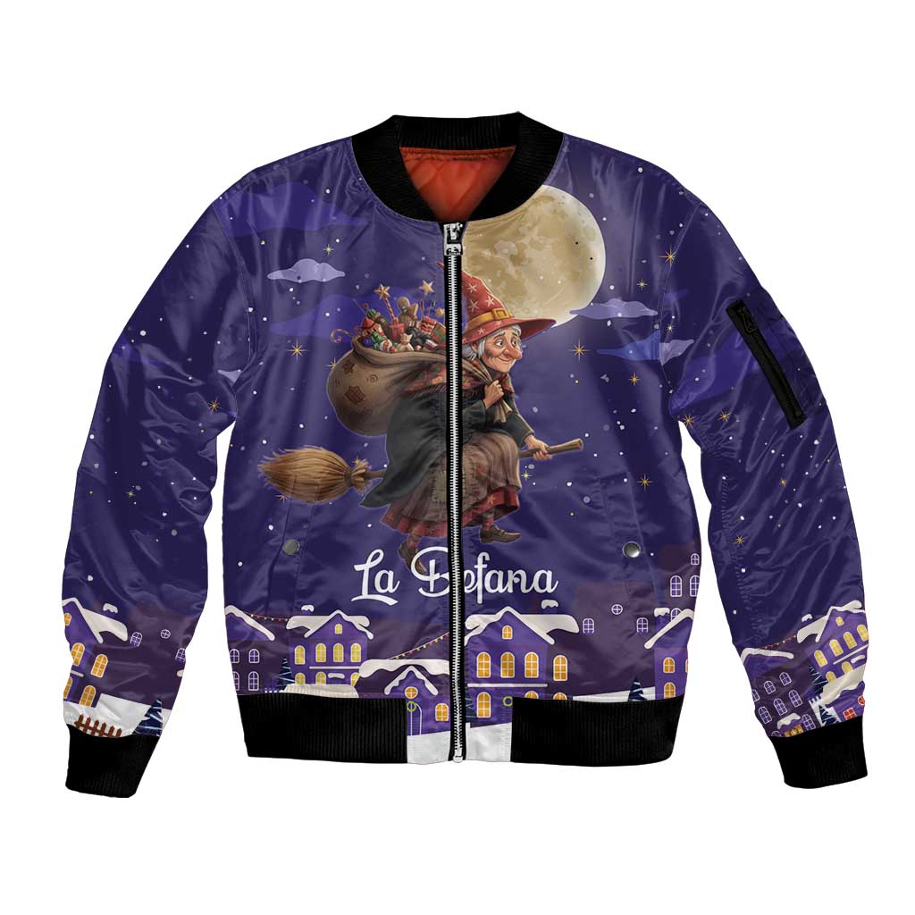 Italy Christmas Sleeve Zip Bomber Jacket La Befana Flying Over Winter Night - Wonder Print Shop