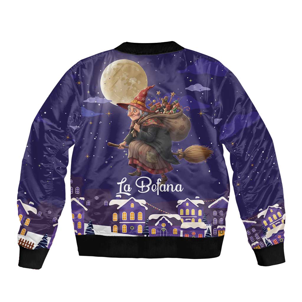 Italy Christmas Sleeve Zip Bomber Jacket La Befana Flying Over Winter Night - Wonder Print Shop