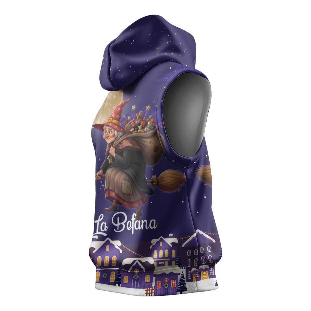 Italy Christmas Sleeveless Hoodie La Befana Flying Over Winter Night - Wonder Print Shop