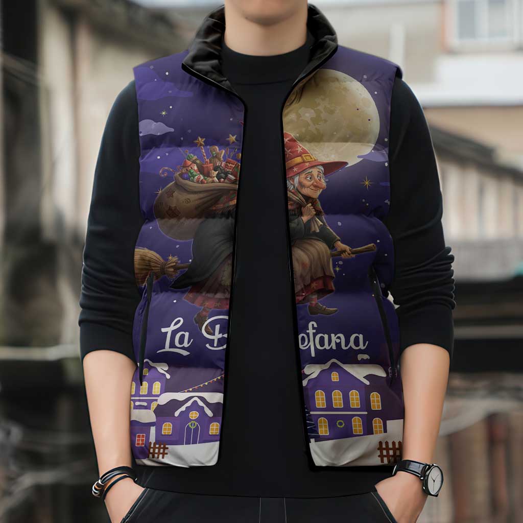 Italy Christmas Sleeveless Puffer Jacket La Befana Flying Over Winter Night - Wonder Print Shop