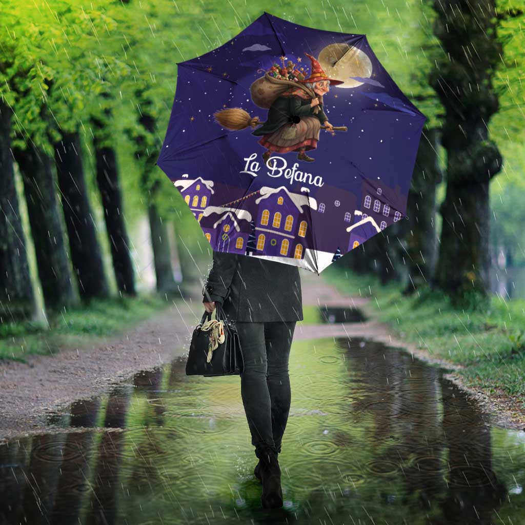 Italy Christmas Umbrella La Befana Flying Over Winter Night - Wonder Print Shop