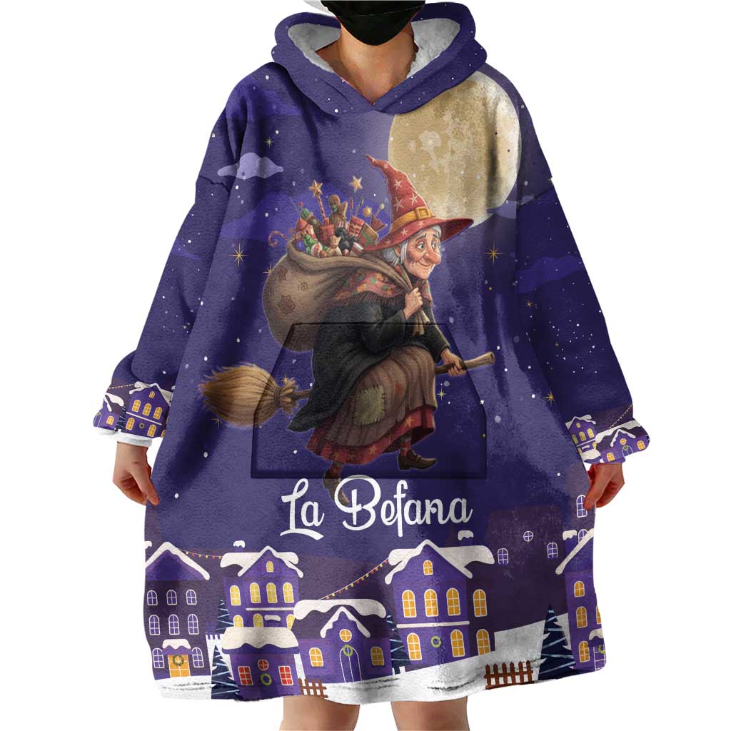 Italy Christmas Wearable Blanket Hoodie La Befana Flying Over Winter Night - Wonder Print Shop