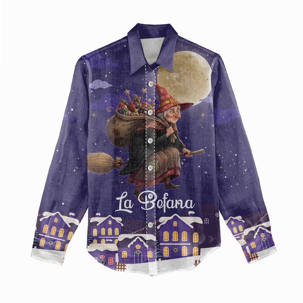 Italy Christmas Women Casual Shirt La Befana Flying Over Winter Night - Wonder Print Shop