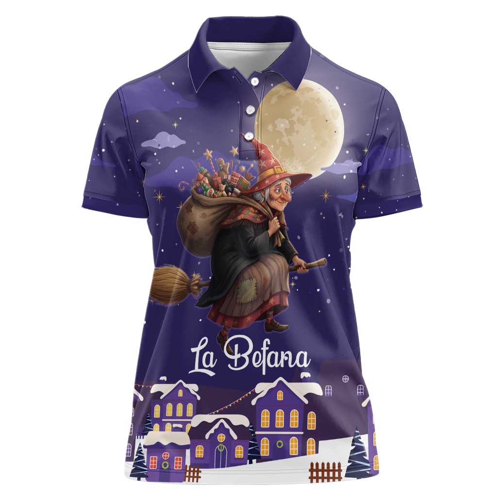 Italy Christmas Women Polo Shirt La Befana Flying Over Winter Night - Wonder Print Shop