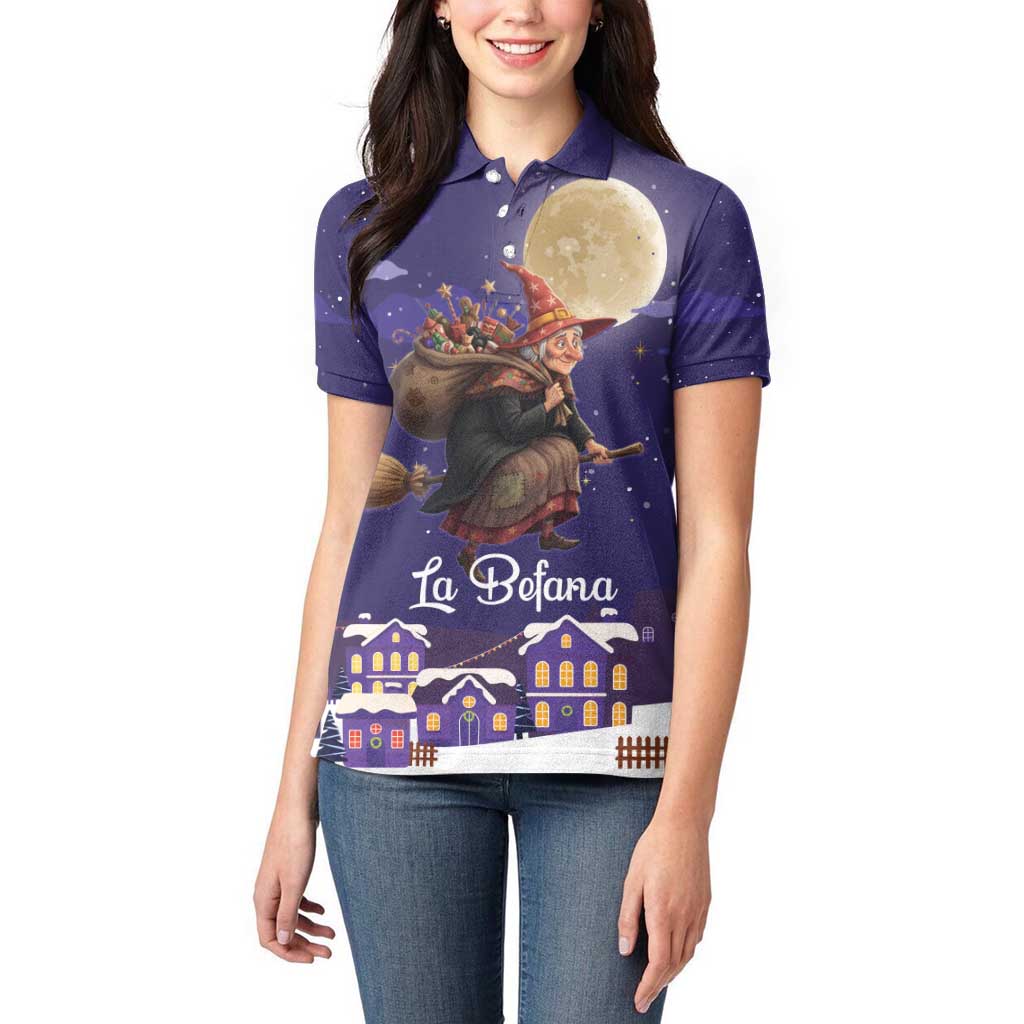 Italy Christmas Women Polo Shirt La Befana Flying Over Winter Night - Wonder Print Shop