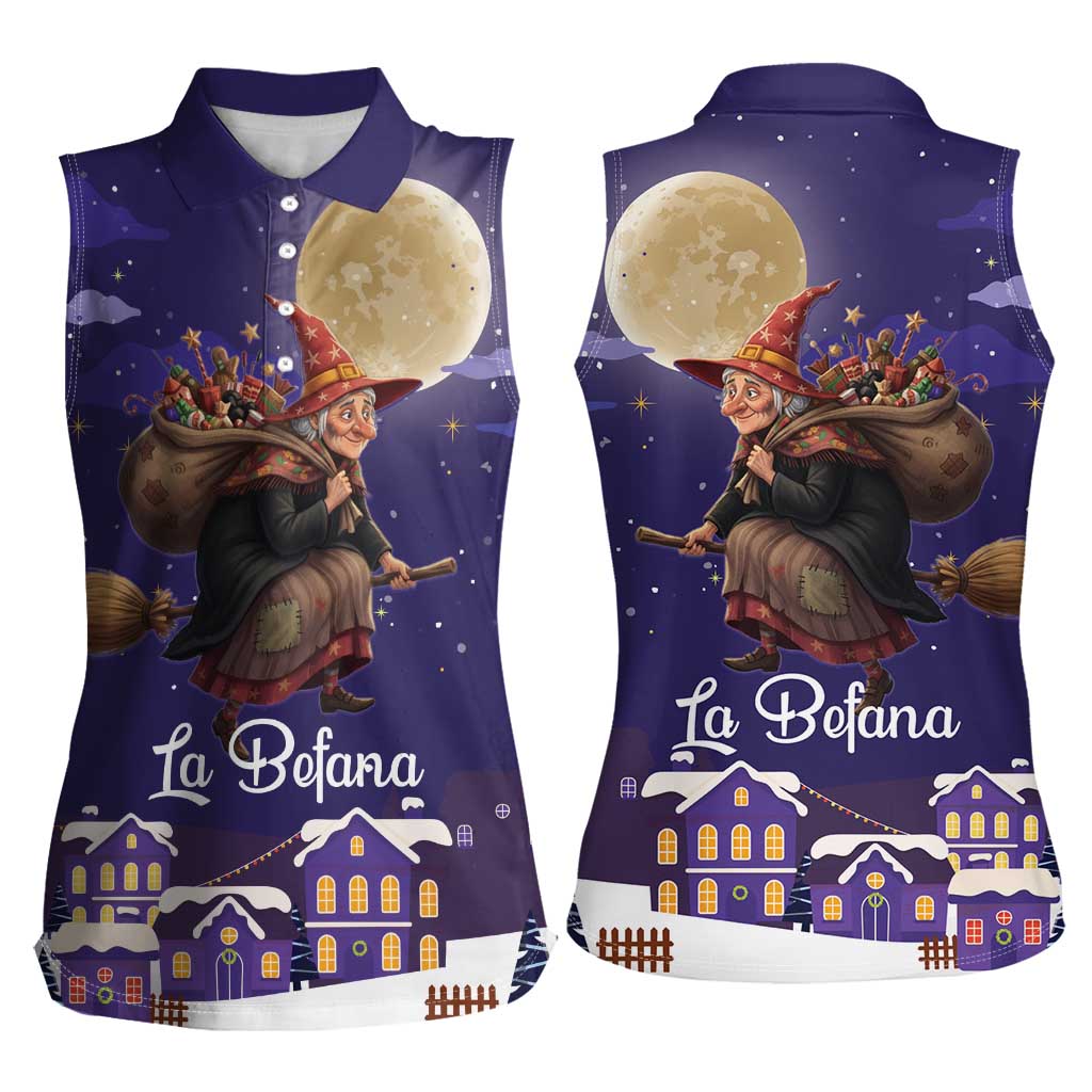 Italy Christmas Women Sleeveless Polo Shirt La Befana Flying Over Winter Night - Wonder Print Shop
