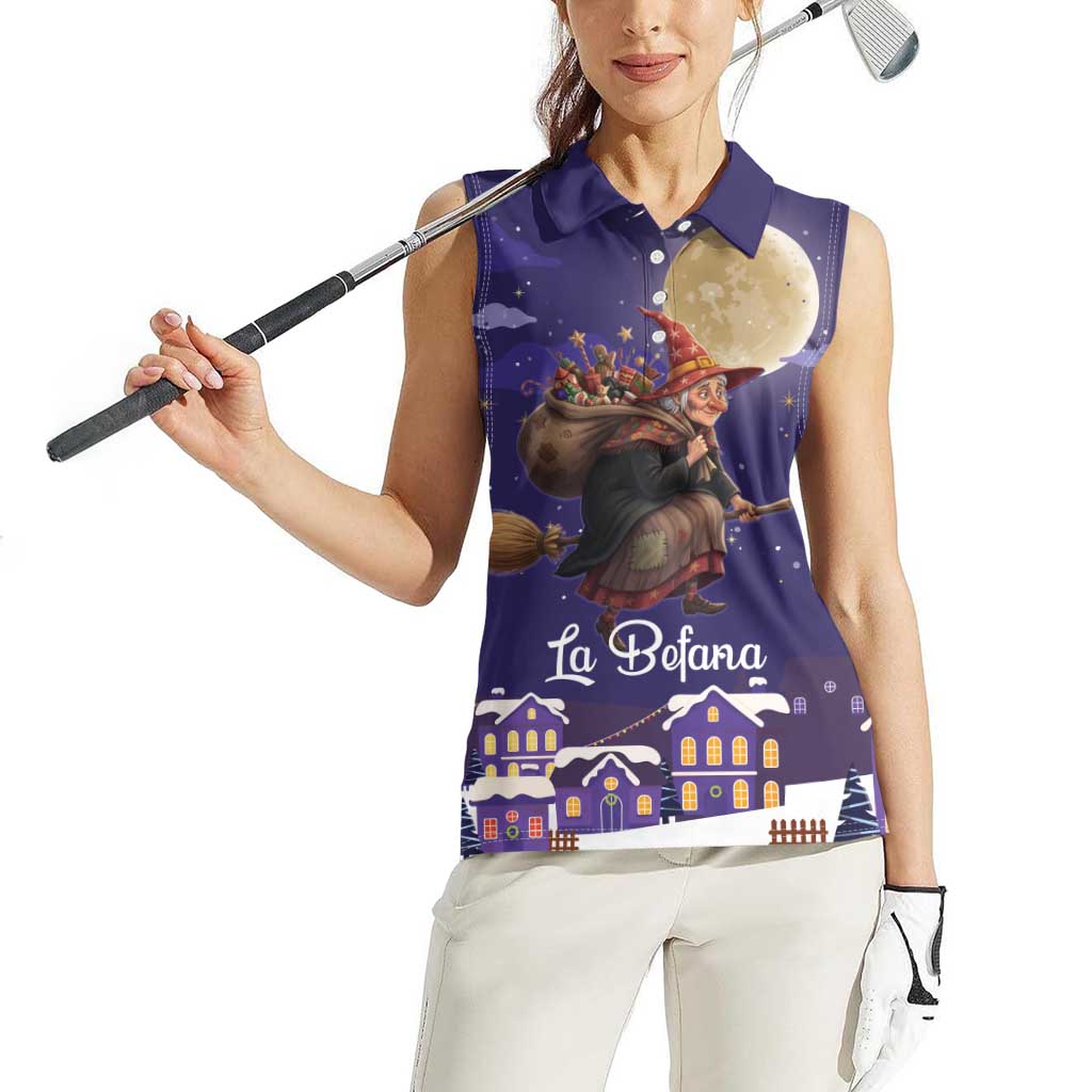 Italy Christmas Women Sleeveless Polo Shirt La Befana Flying Over Winter Night - Wonder Print Shop