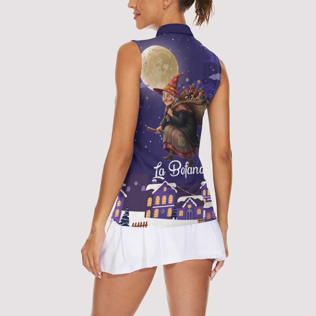 Italy Christmas Women Sleeveless Polo Shirt La Befana Flying Over Winter Night - Wonder Print Shop
