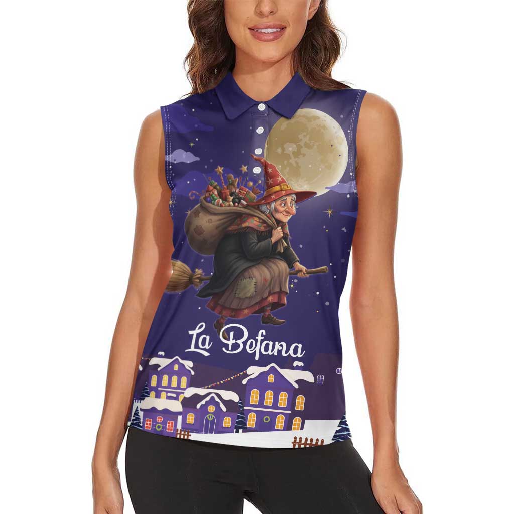 Italy Christmas Women Sleeveless Polo Shirt La Befana Flying Over Winter Night - Wonder Print Shop