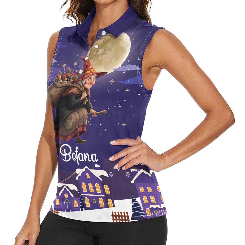 Italy Christmas Women Sleeveless Polo Shirt La Befana Flying Over Winter Night - Wonder Print Shop