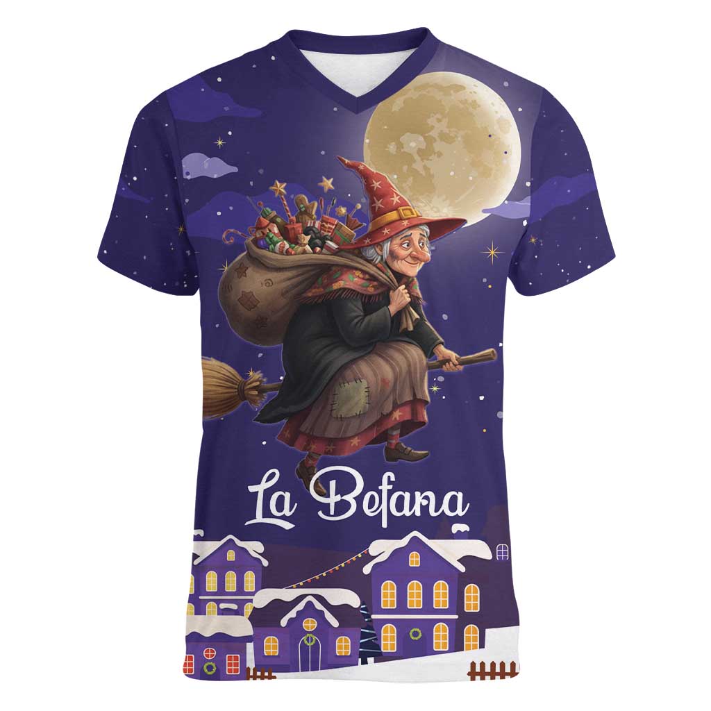 Italy Christmas Women V-Neck T-Shirt La Befana Flying Over Winter Night - Wonder Print Shop