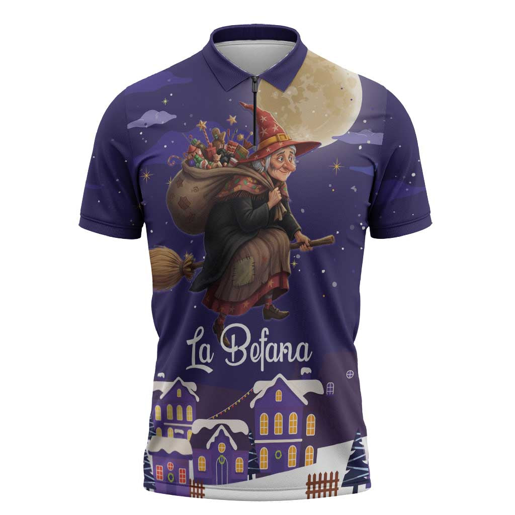 Italy Christmas Zipper Polo Shirt La Befana Flying Over Winter Night - Wonder Print Shop